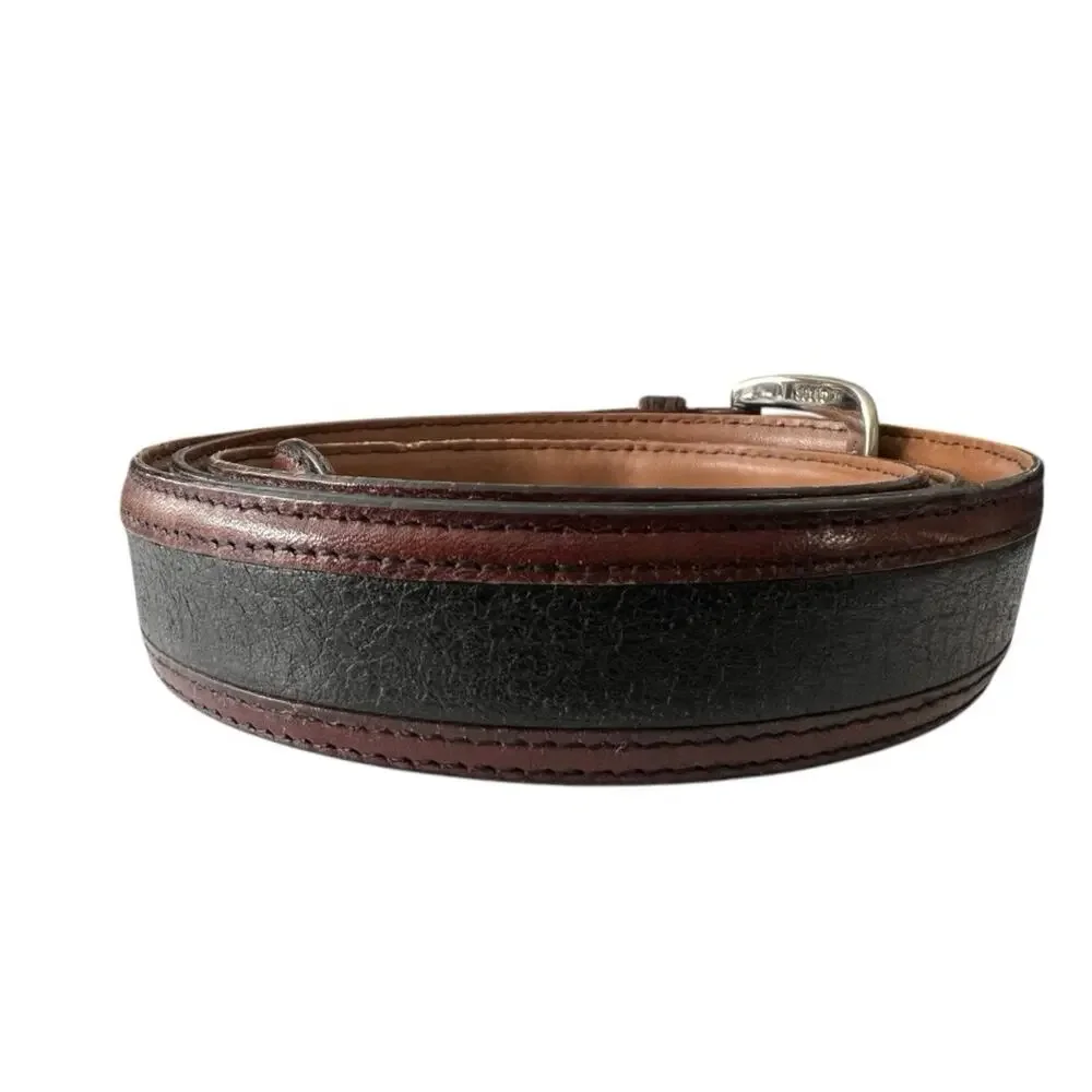 Johnston & Murphy Belt Men’s 44 Black Pebbled Leather & Brown Brass Buckle Italy